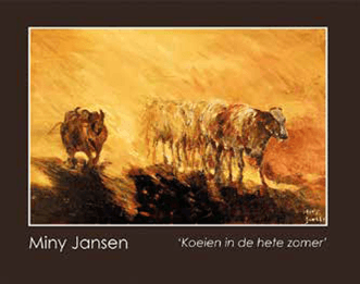 Afbeelding van een schilderij van Miny Jansen. Hierop worden drie koeien afgebeeld die in een hete zomer in de wei staan.